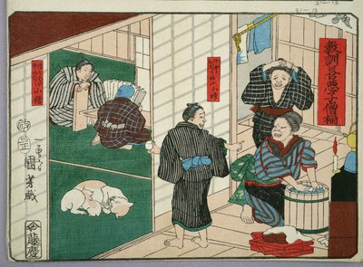 Morele lessen voor winkeljongens, goede en slechte voorbeelden van gedrag, 1857 door Utagawa Kuniyoshi